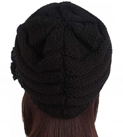 Skullies & Beanies Women Winter Warm Knit Hat Crochet Visor Brim Cap with Flower Accent - Black - CT18ICWL2W6 $15.45
