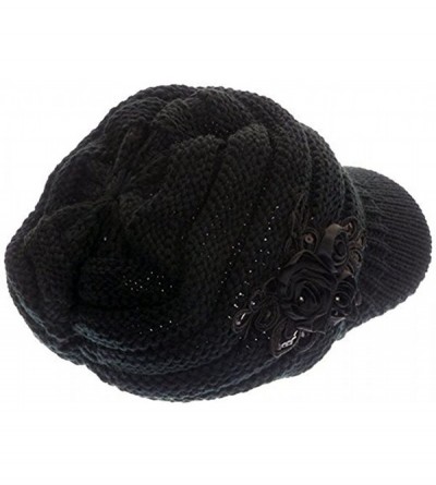 Skullies & Beanies Women Winter Warm Knit Hat Crochet Visor Brim Cap with Flower Accent - Black - CT18ICWL2W6 $15.45
