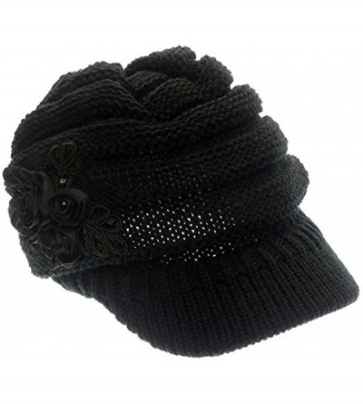 Skullies & Beanies Women Winter Warm Knit Hat Crochet Visor Brim Cap with Flower Accent - Black - CT18ICWL2W6 $15.45