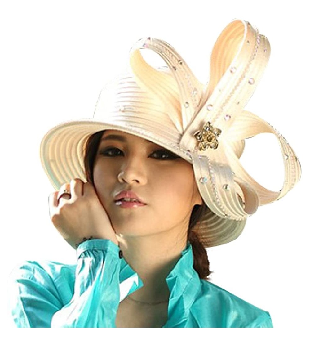 Bucket Hats Women Church Hats Formal Wedding Party Big Bow Elegant Two Colors Stones - White - CU11OI9S9JZ $45.31