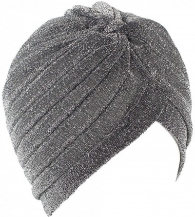 Skullies & Beanies Shiny Turban Hat Headwraps Twist Pleated Hair Wrap Stretch Turban - Silver Paillette - CF198H7506T $8.57
