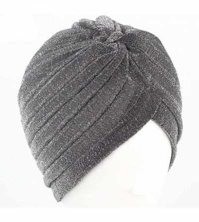 Skullies & Beanies Shiny Turban Hat Headwraps Twist Pleated Hair Wrap Stretch Turban - Silver Paillette - CF198H7506T $8.57