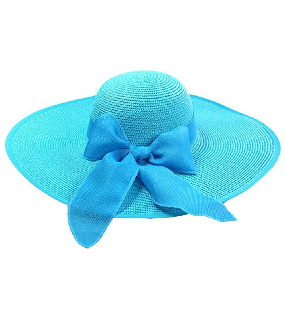 Sun Hats Women's Foldable Bowknot Straw Hat Large Wide Brim Summer Beach Sun Hat - Sky Blue - CZ12GRTSVTB $33.79