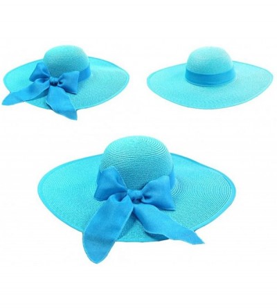 Sun Hats Women's Foldable Bowknot Straw Hat Large Wide Brim Summer Beach Sun Hat - Sky Blue - CZ12GRTSVTB $33.79