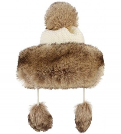 Skullies & Beanies Women Peruvian Faux Fur Knit Beanie Hat Warm Winter Fleece Lined Pompom Earflap Snow Ski Cap - White - CO1...
