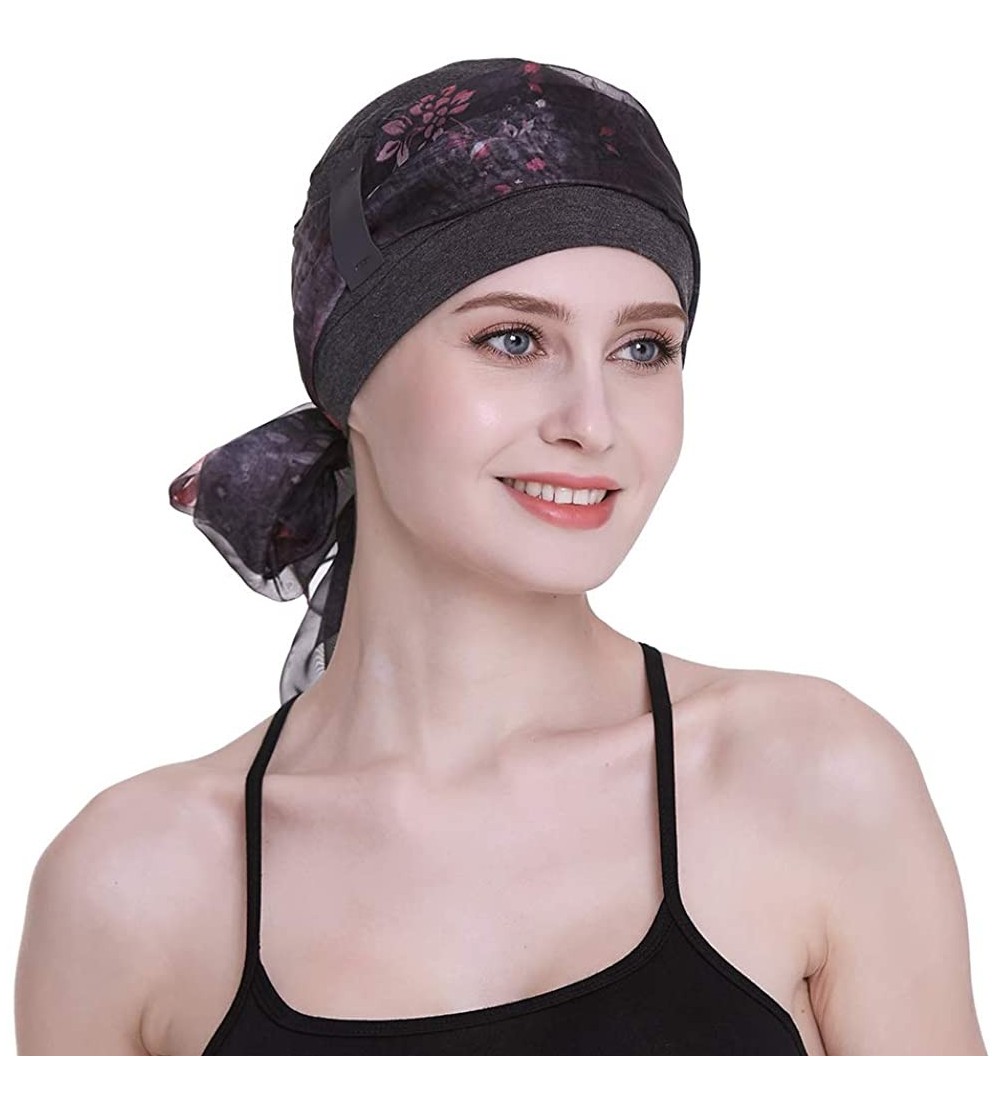 Berets Elegant Chemo Cap With Silky Scarfs For Cancer Women Hair Loss Sleep Beanie - Dark Health Grey - CZ18LXYIZ5Z $16.46