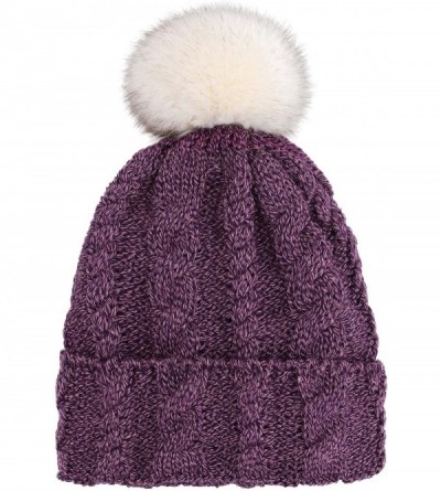 Skullies & Beanies Men & Women's Luxurious Faux Fur Pompom Thick Cable Cap Knit Skull Ski Cap Winter Beanie Hat - X-purple - ...