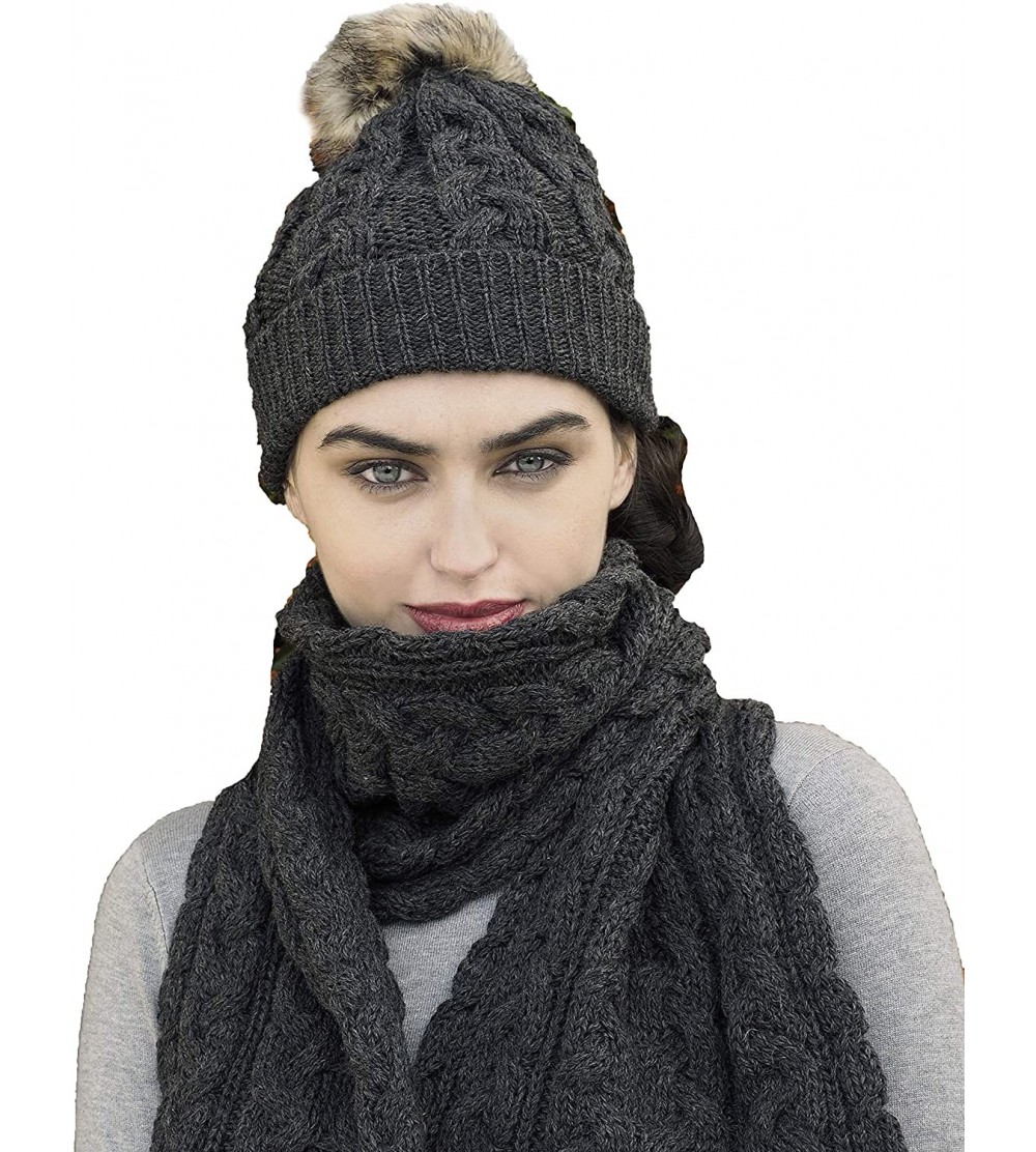 Skullies & Beanies Women's Irish Cable Knitted Soft Pom Faux Fur Hat (100% Merino Wool) - Charcoal - C418SUACTTZ $27.38