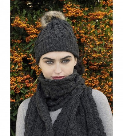 Skullies & Beanies Women's Irish Cable Knitted Soft Pom Faux Fur Hat (100% Merino Wool) - Charcoal - C418SUACTTZ $27.38
