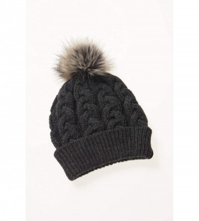 Skullies & Beanies Women's Irish Cable Knitted Soft Pom Faux Fur Hat (100% Merino Wool) - Charcoal - C418SUACTTZ $27.38
