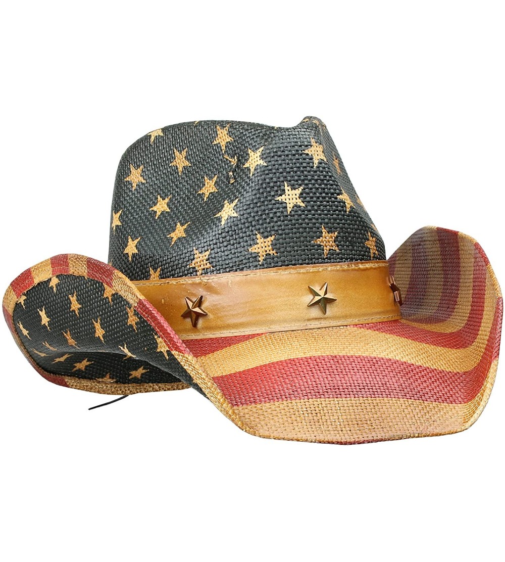 Cowboy Hats Men's Vintage Tea-Stained USA American Flag Cowboy Hat w/ Western Shape-It Brim - Stars and Stripes - C511XAUSFK5...