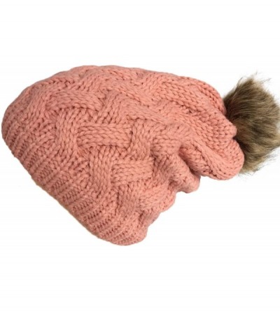 Skullies & Beanies Women Chunky Cable Knit Oversized Slouchy Baggy Winter Thick Beanie Hat Pom Pom - Pink - CZ1884Z6Z9U $23.82