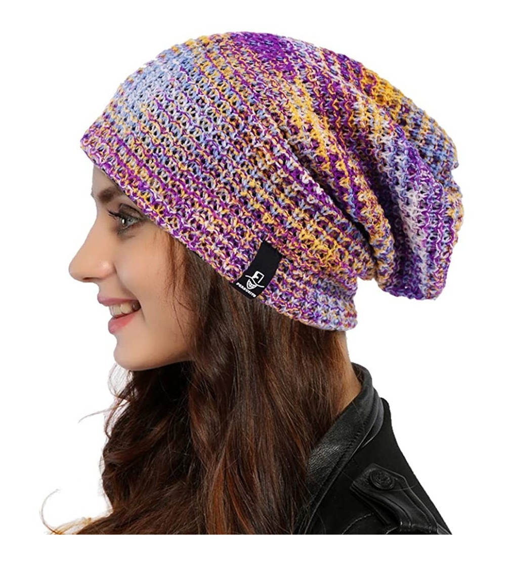 Skullies & Beanies Women Oversized Slouchy Beanie Knit Hat Colorful Long Baggy Skull Cap for Winter - Purple/Multi - CD18UICO...