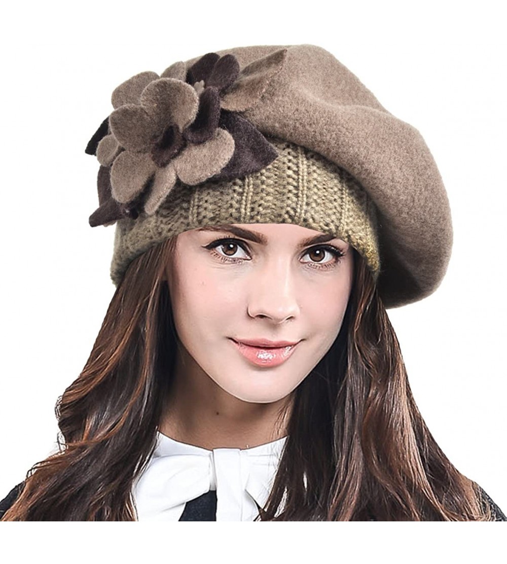 Berets Lady French Beret Wool Beret Chic Beanie Winter Hat Jf-br034 - Floral Brown - CD12OCB6Y40 $14.34