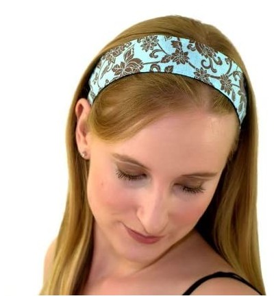 Headbands Skinny Headband- Hot Cocoa Flower Garden on Light Blue- Soft Headband - C21144YMLSJ $20.25