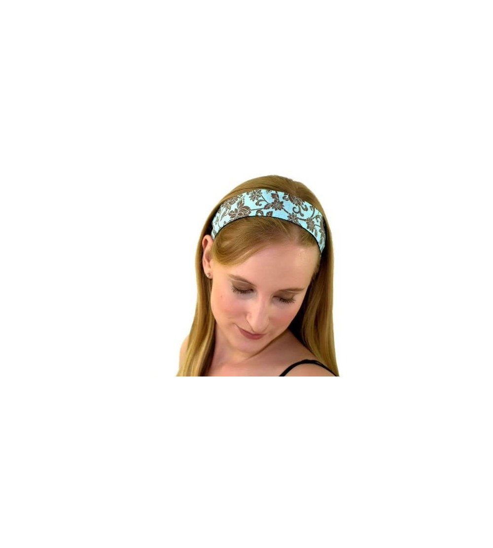 Headbands Skinny Headband- Hot Cocoa Flower Garden on Light Blue- Soft Headband - C21144YMLSJ $7.15