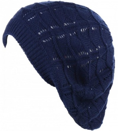 Berets Chic Soft Knit Airy Cutout Lightweight Slouchy Crochet Beret Beanie Hat - Navy Wavy Stripe - C518L3TMMQ3 $12.10