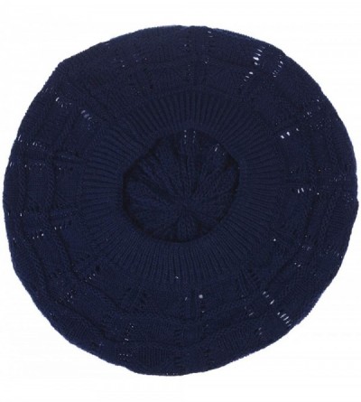 Berets Chic Soft Knit Airy Cutout Lightweight Slouchy Crochet Beret Beanie Hat - Navy Wavy Stripe - C518L3TMMQ3 $12.10