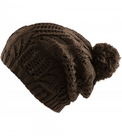 Skullies & Beanies Thick Crochet Knit Slouchy Pom Pom Beanie Winter Ski Hat - Chocolate - CO11QCV58B9 $9.16