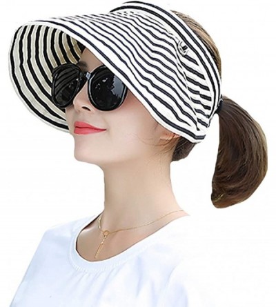 Sun Hats Womens Foldable Wide Brim Roll-up Straw Hat Beach Big Sun Cap UPF 50 - Stripe - CE18R22YEZA $14.97