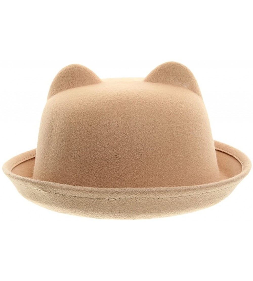 Bomber Hats Women Wool Felt Cat Ear Roll-up Hat Fedora Bowler Head Circumference 22.5" - Camel - CC127E5KOQP $8.93