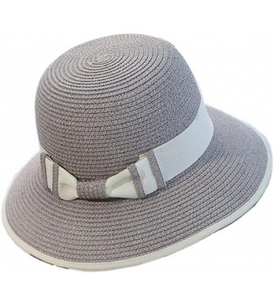 Sun Hats Women Elegant Bowknot Floppy Beach Straw Hats Wide Brim Packable Sun Cap - Stripe Grey - CP18EZTZCEC $24.94