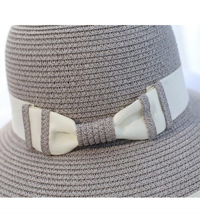 Sun Hats Women Elegant Bowknot Floppy Beach Straw Hats Wide Brim Packable Sun Cap - Stripe Grey - CP18EZTZCEC $16.40