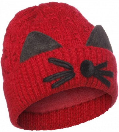 Skullies & Beanies Women's Double Pom Pom Beanie Warm Winter Knit Hat Cute Animal Look - Cat Whiskers - Burgundy - C818KLCUEE...