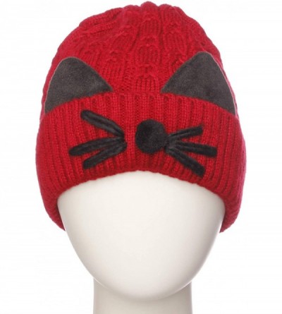 Skullies & Beanies Women's Double Pom Pom Beanie Warm Winter Knit Hat Cute Animal Look - Cat Whiskers - Burgundy - C818KLCUEE...