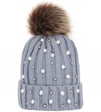 Cold Weather Headbands Women Faux Fur Pom Pom Beanie Cap Fashion Winter Pearl Knit Ski Hat - Gray - CS18LK84GE2 $6.45