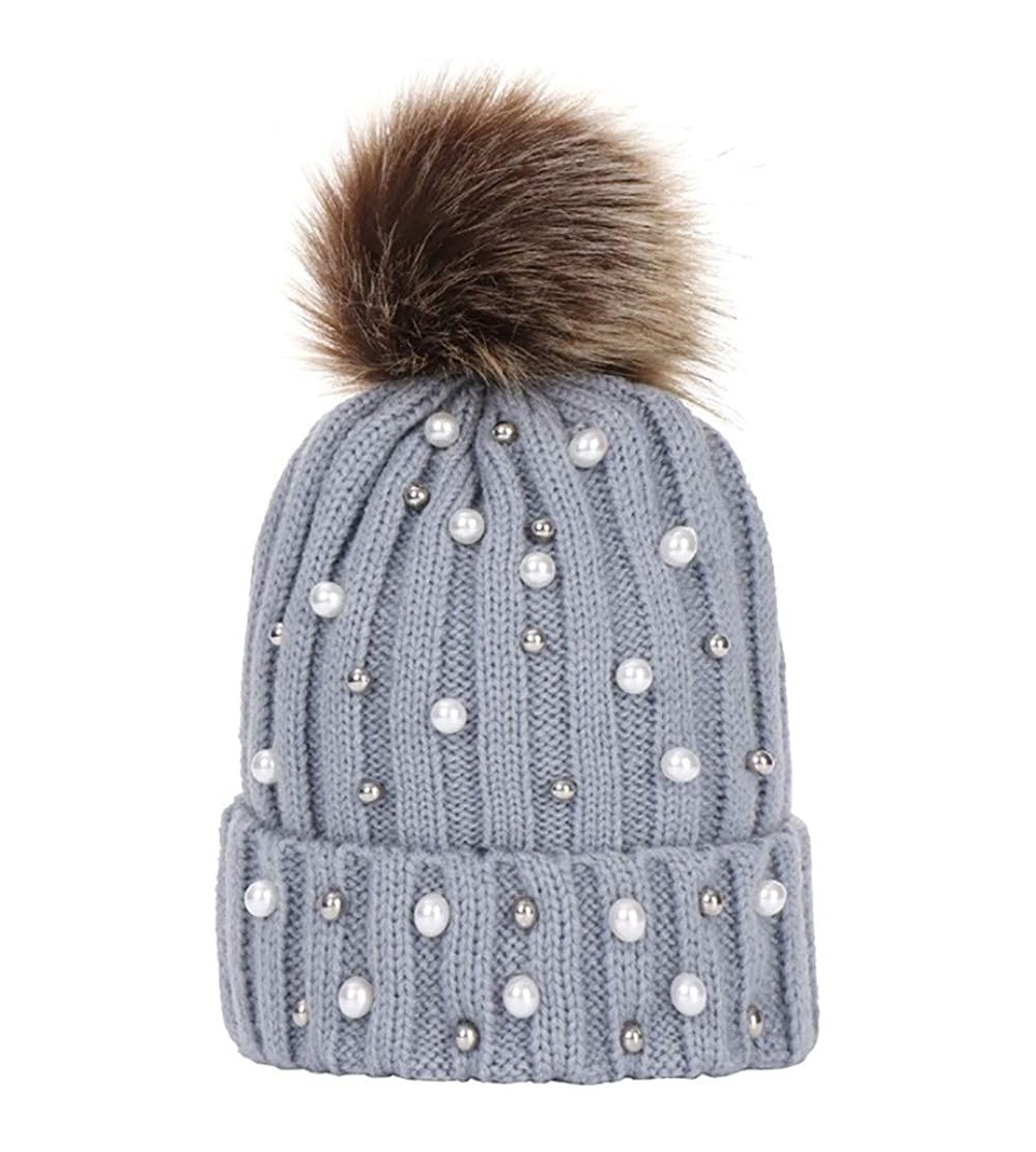 Cold Weather Headbands Women Faux Fur Pom Pom Beanie Cap Fashion Winter Pearl Knit Ski Hat - Gray - CS18LK84GE2 $6.45