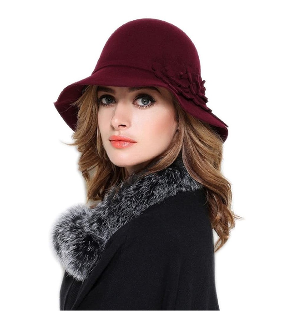 Berets Womens Bowknot 100% Wool Fall Winter Derby Hat Doom Cloche Hat - B-wine Red - CT18GTG02GG $15.67