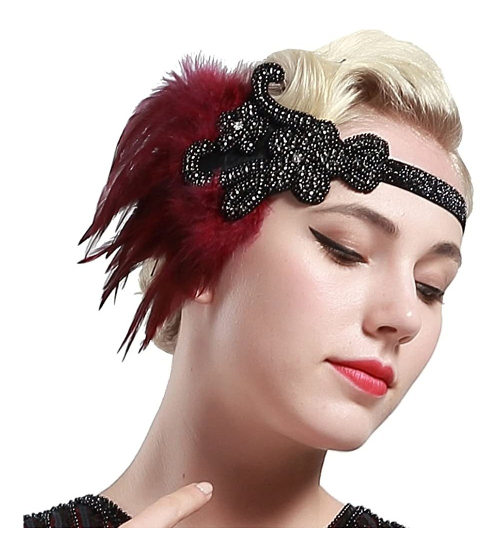 Headbands 1920s Flapper Headpiece 20s Gatsby Headband Vintage Feather Headband - Red-style2 - CZ182EW9EAW $29.80