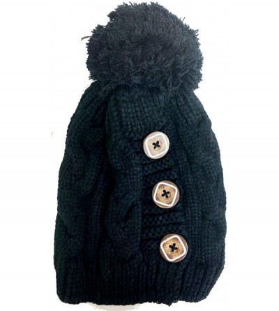 Skullies & Beanies Women Winter Faux Fur Pom Beanie Hat w/Warm Fleece Lined Thick Skull Ski Cap - Button Style - Black - CG18...