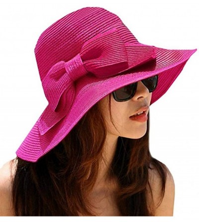 Sun Hats Womens Bowknot Straw Hat Floppy Wide Brim Roll up Sun Hat Beach Cap UPF 50+ - B-rose Red - CX18C9OHQ3M $28.35