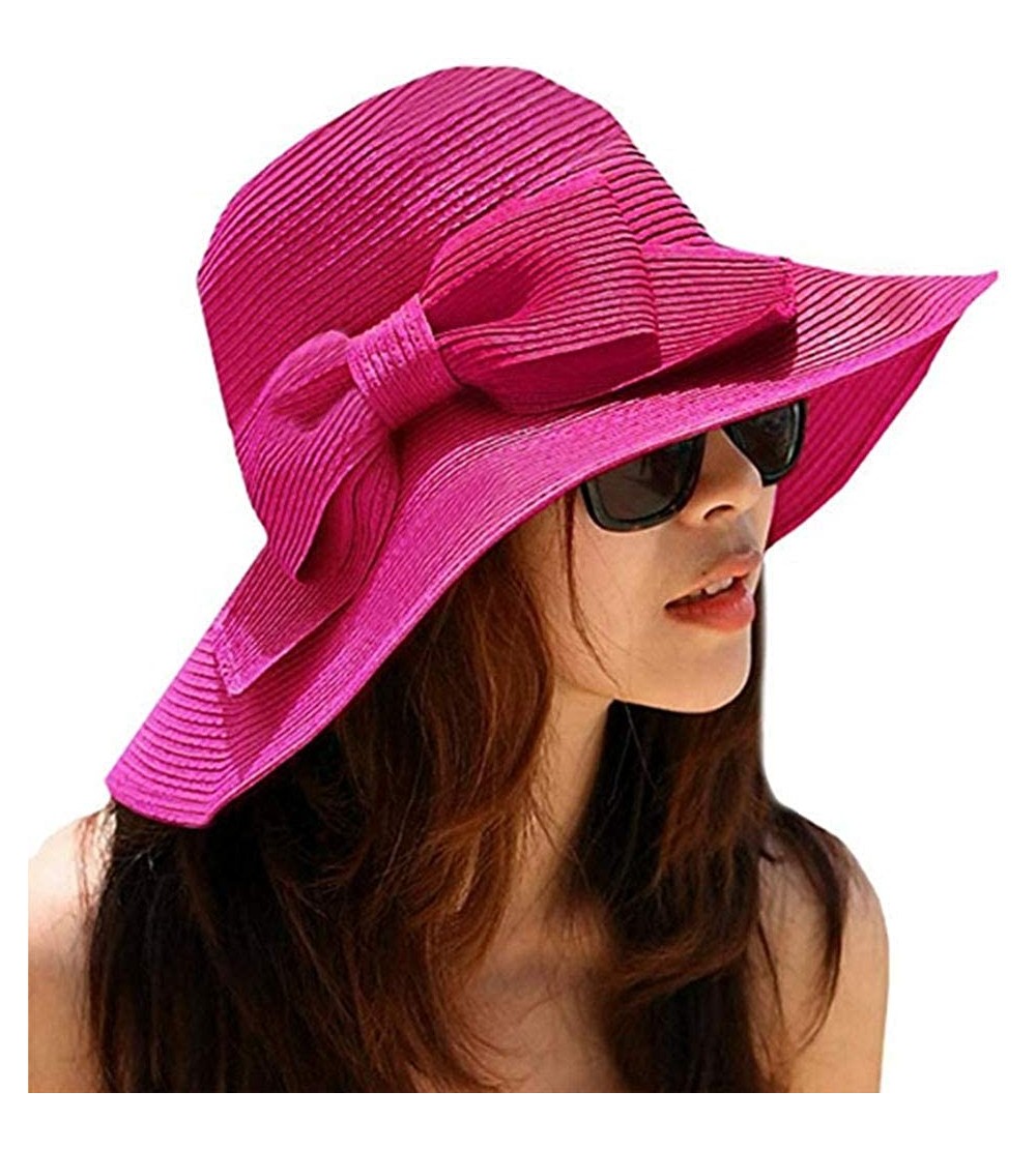 Sun Hats Womens Bowknot Straw Hat Floppy Wide Brim Roll up Sun Hat Beach Cap UPF 50+ - B-rose Red - CX18C9OHQ3M $10.63