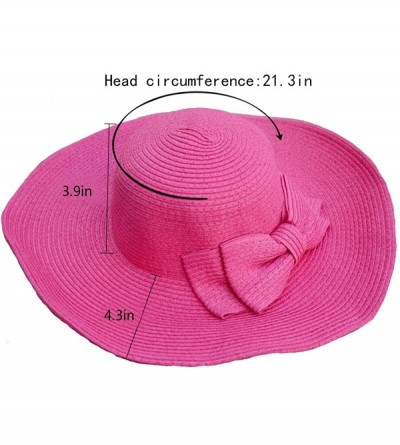 Sun Hats Womens Bowknot Straw Hat Floppy Wide Brim Roll up Sun Hat Beach Cap UPF 50+ - B-rose Red - CX18C9OHQ3M $10.63