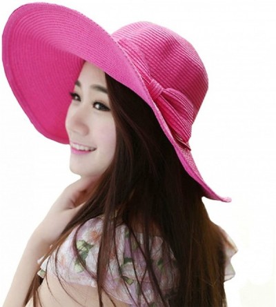 Sun Hats Womens Bowknot Straw Hat Floppy Wide Brim Roll up Sun Hat Beach Cap UPF 50+ - B-rose Red - CX18C9OHQ3M $10.63