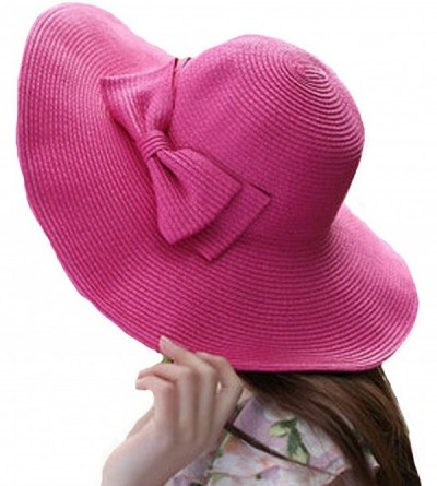 Sun Hats Womens Bowknot Straw Hat Floppy Wide Brim Roll up Sun Hat Beach Cap UPF 50+ - B-rose Red - CX18C9OHQ3M $10.63