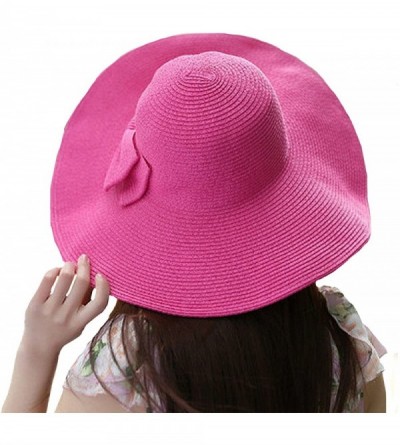 Sun Hats Womens Bowknot Straw Hat Floppy Wide Brim Roll up Sun Hat Beach Cap UPF 50+ - B-rose Red - CX18C9OHQ3M $10.63