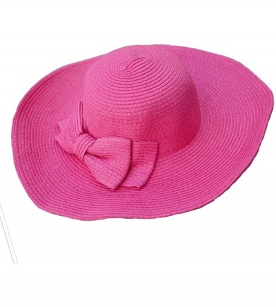 Sun Hats Womens Bowknot Straw Hat Floppy Wide Brim Roll up Sun Hat Beach Cap UPF 50+ - B-rose Red - CX18C9OHQ3M $10.63