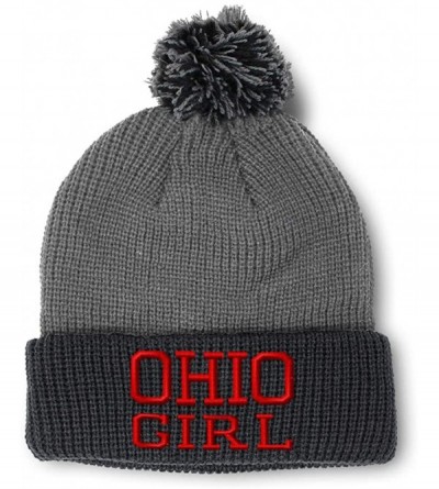 Skullies & Beanies Custom Pom Pom Beanie Ohio Girl State USA America Embroidery Acrylic - Grey Black - CL18A0DSRTG $10.96