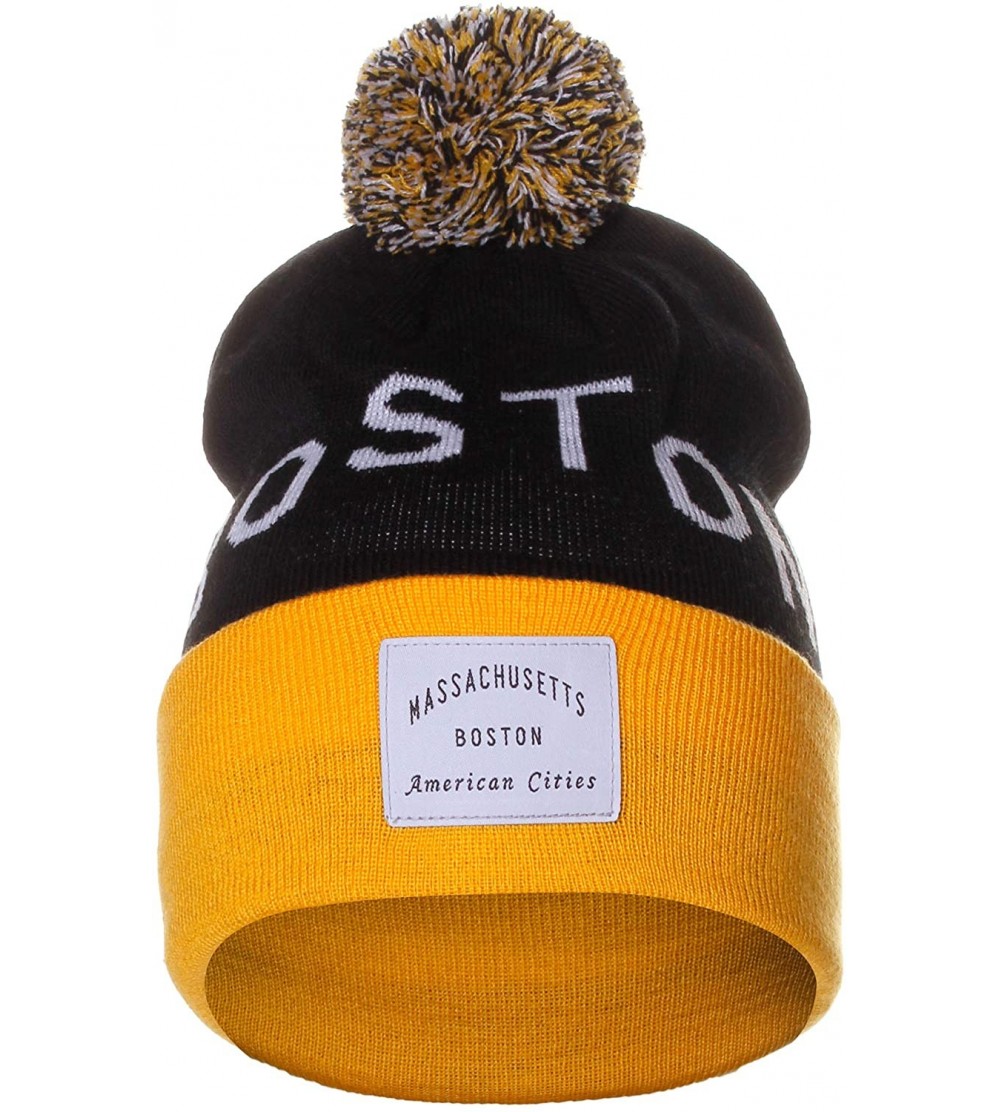 Skullies & Beanies Unisex USA Fashion Arch Cities Pom Pom Knit Hat Cap Beanie - Boston Black Yellow - C612N6K44GG $9.87