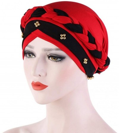 Skullies & Beanies Fashion Women India Hat Muslim Ruffle Cancer Chemo Beanie Turban Wrap Cap Gift - Beading Red 1 - CB193OI0I...