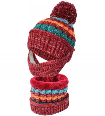 Skullies & Beanies Knit Fairs Isle Nordic Bobble Pom Beanie Hat DZX0024 - Wine - CU18L2QWTLU $27.96