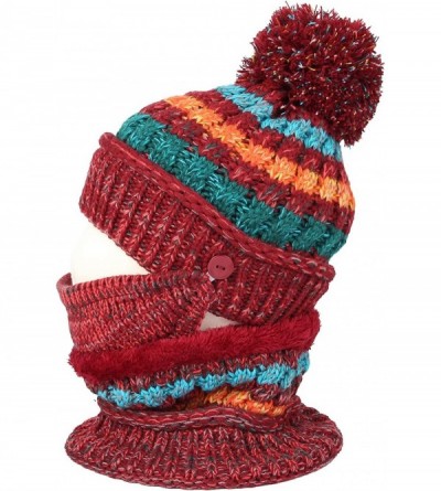 Skullies & Beanies Knit Fairs Isle Nordic Bobble Pom Beanie Hat DZX0024 - Wine - CU18L2QWTLU $27.96