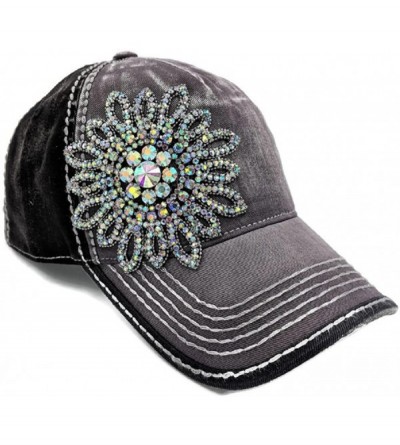 Baseball Caps Large Rhinestone Flower Bling Two-Tone Baseball Cap - Charcoal Black/Iridescent - CH12O8AC246 $55.75