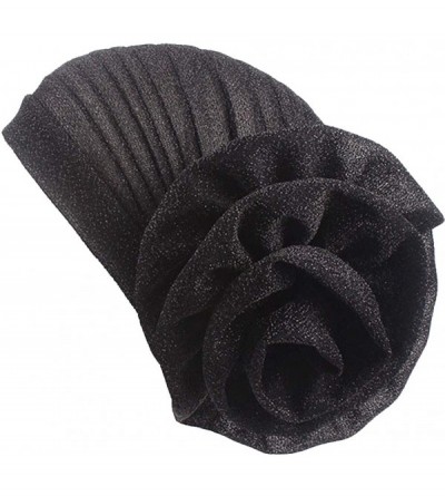 Skullies & Beanies Vintage Flower Twist Pleated Knotted Stretch Turban Hat Muslim Ruffle Beanie Scarf Turban Cap - Black - C8...