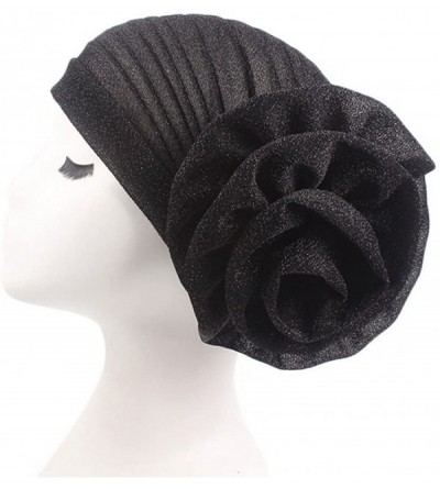 Skullies & Beanies Vintage Flower Twist Pleated Knotted Stretch Turban Hat Muslim Ruffle Beanie Scarf Turban Cap - Black - C8...