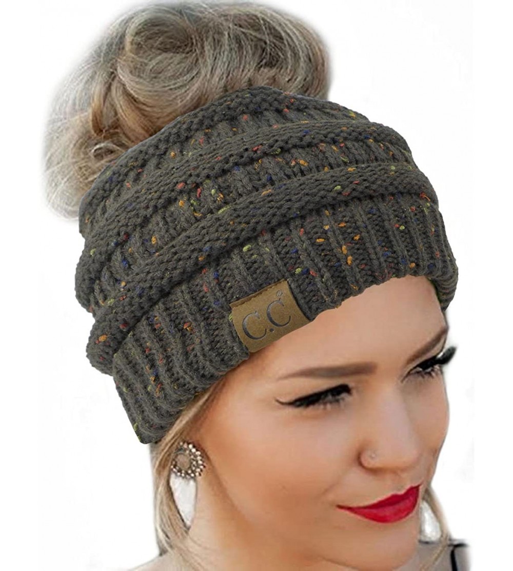 Skullies & Beanies Quality Knit Messy Bun Hat Beanie - Brown Flecked - CV188OO4IT7 $16.16